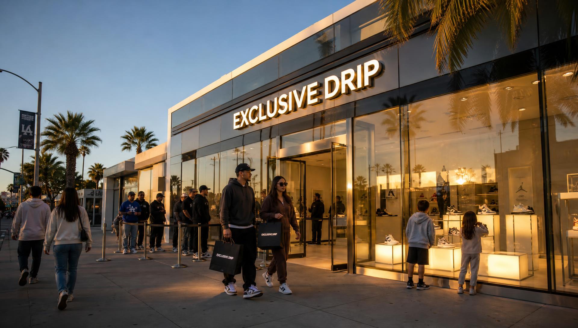 Flagship store Exclusive Drip a Los Angeles con insegna luminosa e clienti in fila